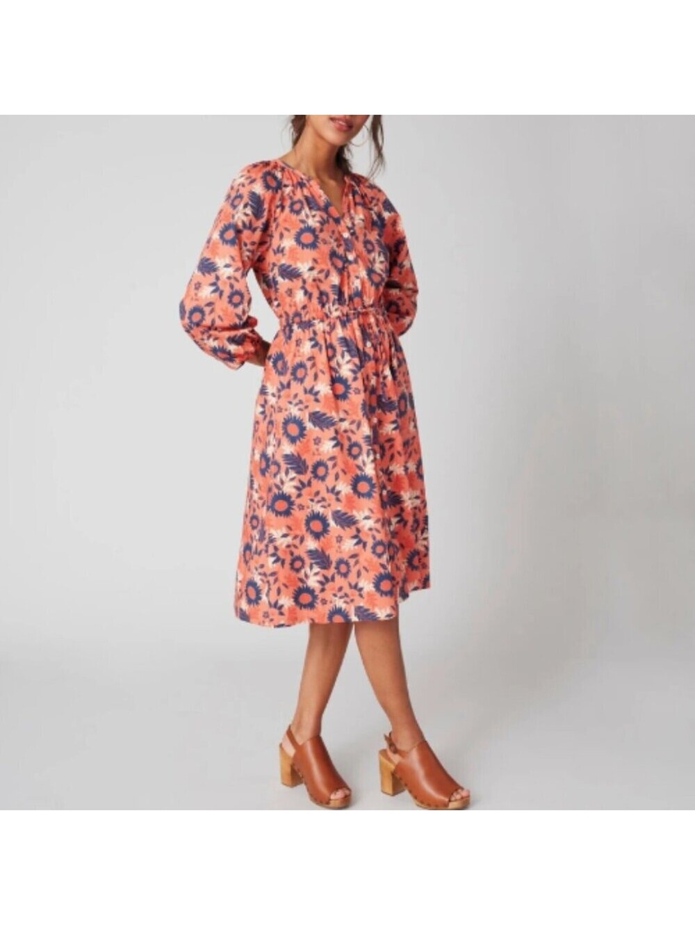 UNTUCKit Floral Print V Neck Smocked Waist Midi Dress Coral Navy Women's Size M